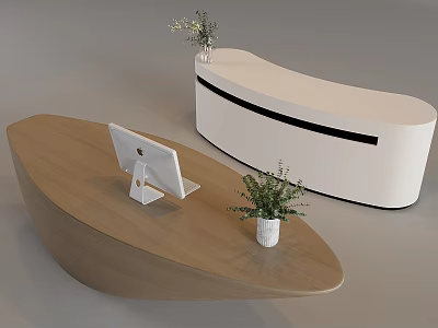 Modern Wooden And White Curved Cashier Counter Featuring Computer Monitor Vase And Green Plants 3d model