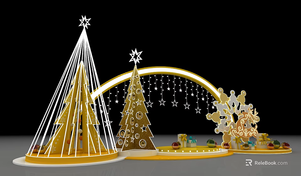 Elegant Festive Christmas Decorations With Golden Trees Stars Snowflakes And Gifts 3d model 