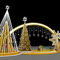 Elegant Festive Christmas Decorations With Golden Trees Stars Snowflakes And Gifts