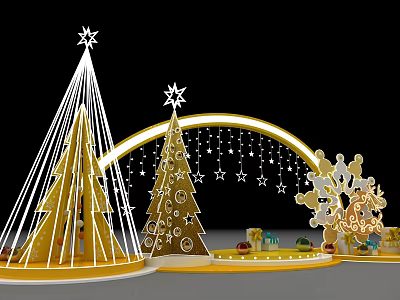 Elegant Festive Christmas Decorations With Golden Trees Stars Snowflakes And Gifts 3d model