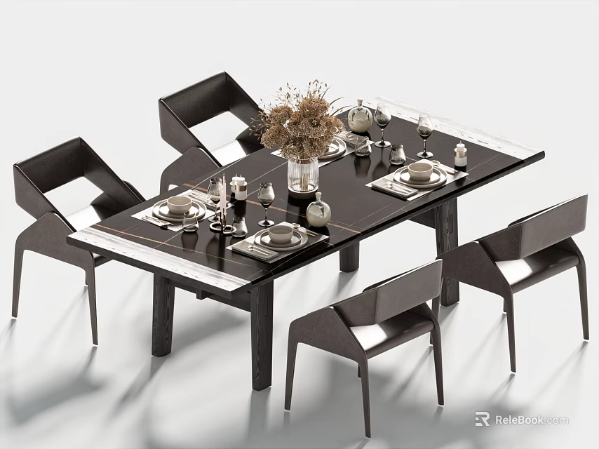 Modern Black Dining Table And Chairs Set With Tableware Flower Arrangement And Decorative Items 3d model 