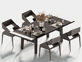 Modern Dining Table and Chair Combination Dining Table Dining Chair Single Chair Tableware Furnishings Floral Ornaments 3d model