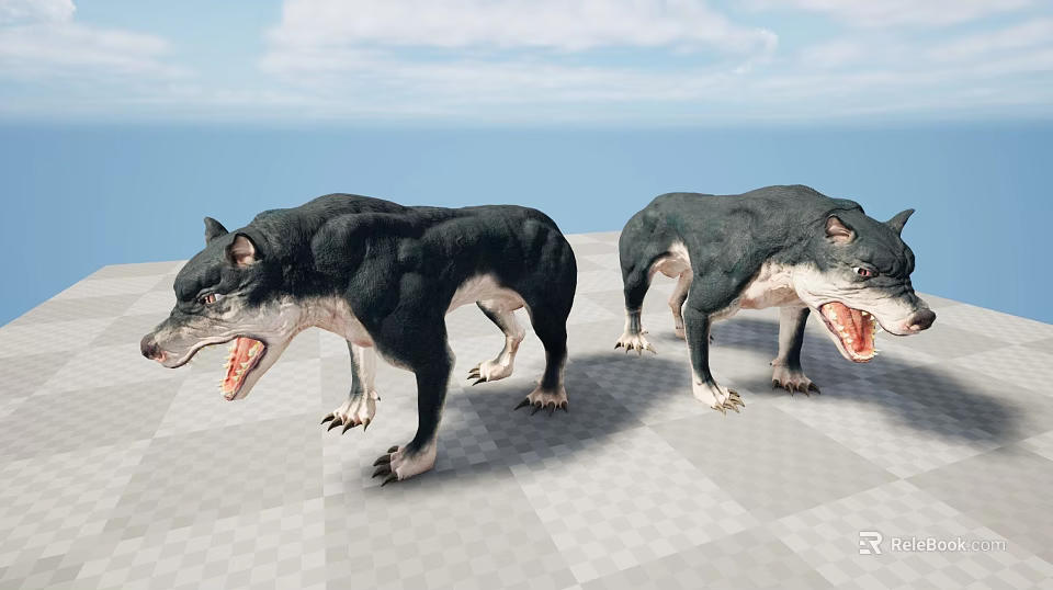 Two Black Wolves with Open Mouths Standing on Checkered Floor Against Blue Sky and Sea 3d model 
