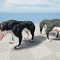 Two Black Wolves with Open Mouths Standing on Checkered Floor Against Blue Sky and Sea
