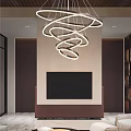 Modern Living Room Interior With Stylish Chandelier Featuring Spiral Ring Design And Sofa TV Wall