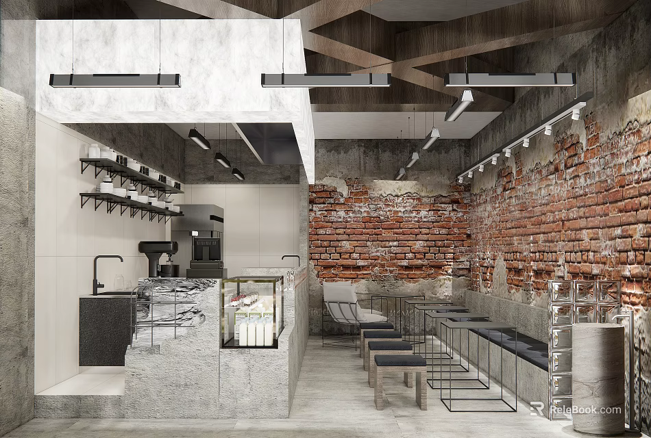 Industrial Restaurant Interior Design With Exposed Brick Wall And Marble Bar Counter 3d model 