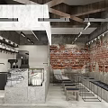 Industrial Restaurant Interior Design With Exposed Brick Wall And Marble Bar Counter