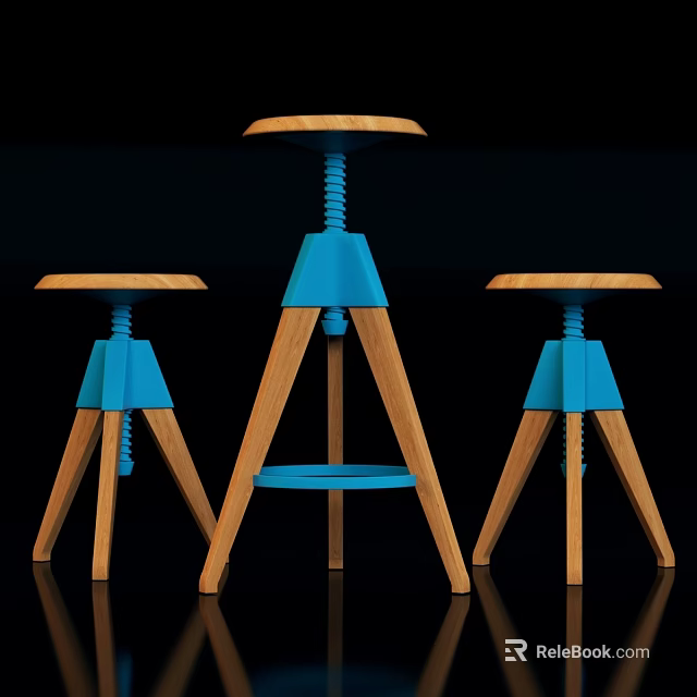 Modern Wooden Bar Stools With Blue Tripod Legs And Adjustable Screw Shelf 3d model 