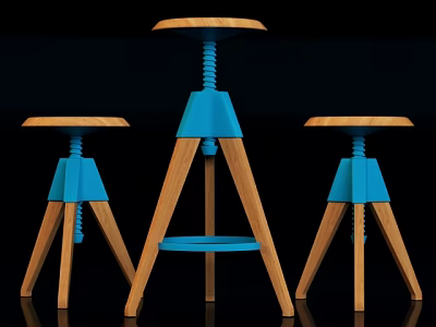 Modern Wooden Bar Stools With Blue Tripod Legs And Adjustable Screw Shelf 3d model