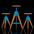 Modern Wooden Bar Stools With Blue Tripod Legs And Adjustable Screw Shelf