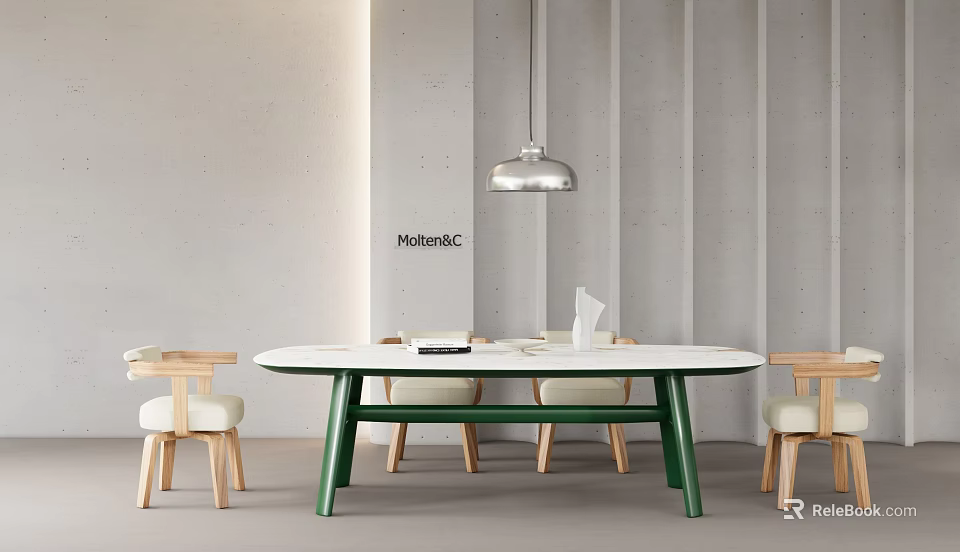 Modern Table And Chair Set With White Top Green Legs Wooden Seats Minimalist Interior 3d model 