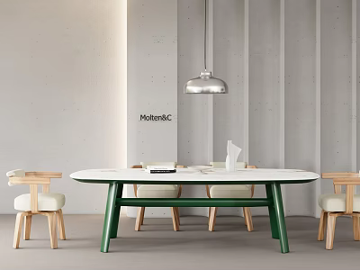 Modern Table And Chair Set With White Top Green Legs Wooden Seats Minimalist Interior 3d model