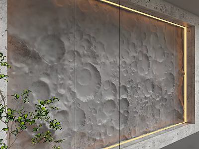 Modern 3D Textured Gray Wall Design With LED Strip Lights And Green Plants Decor 3d model