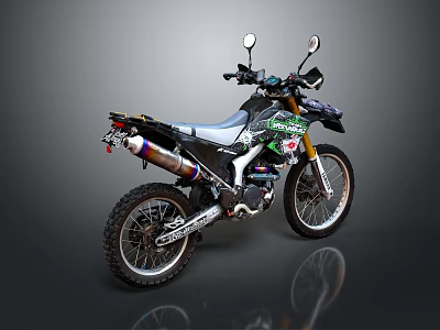 Green Off Road Motorcycle With Large Tires High Handlebars And Exhaust Pipe Design 3d model