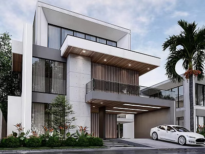 Modern Detached Villa Exterior Design With Large Glass Windows And Wooden Accents 3d model