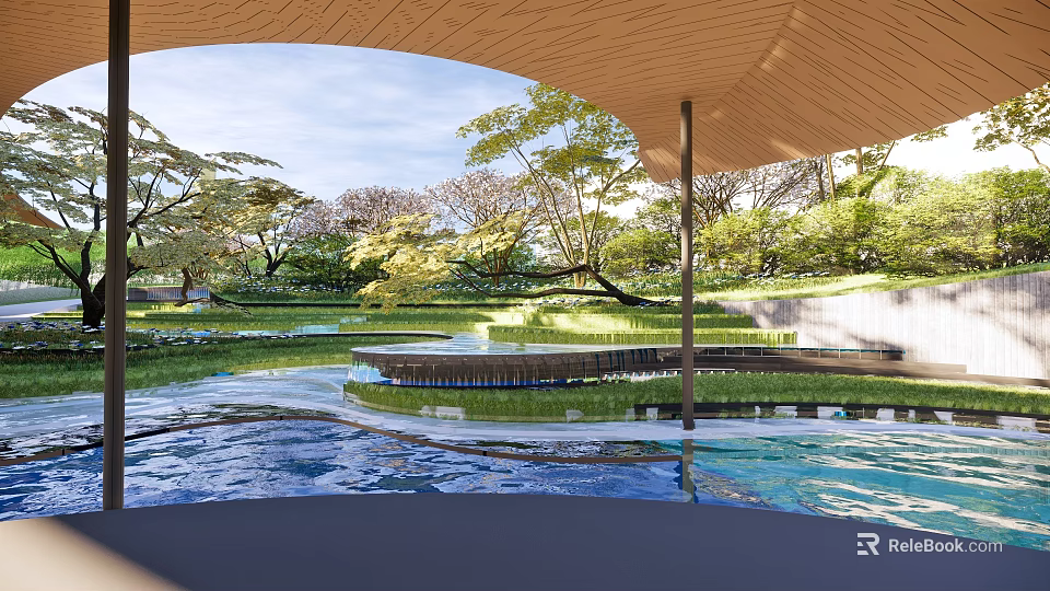 Outdoor Recreational Area With Pool Water Green Trees And Wooden Canopy 3d model 