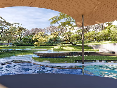 Outdoor Recreational Area With Pool Water Green Trees And Wooden Canopy 3d model