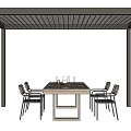 Modern Pergola With Wooden Dining Table Black Metal Frame And Brick Wall