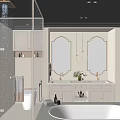 Elegant Bathroom Interior With Double Mirrors Vanity Marble Countertop And Freestanding Tub