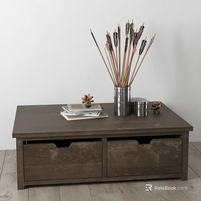 Dark Brown Entryway Console Table with Drawers Decorative Arrows Books Pinecones and Metal Canisters 3d model 