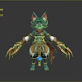 Blue Feline Character Creature With Pointed Ears Red Cape Golden Claws Gemstone Decoration Fantasy Design
