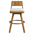 Modern Wooden Bar Stool With Woven Backrest White Cushion And Metal Ring Base