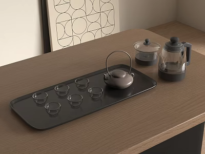 Elegant Tea Set with Teapot Small Teacups on Black Tray Wooden Tabletop and Geometric Art 3d model