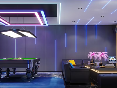 Modern KTV Interior With Pool Table Sofa Neon Lights Blue Carpet And Pink Plants 3d model