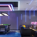 Modern KTV Interior With Pool Table Sofa Neon Lights Blue Carpet And Pink Plants