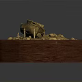 Golden Decorative Boat Model on Red Wooden Base with Accents