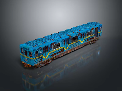 Blue Train Model With Yellow Stripes And Vintage Design On Reflective Surface 3d model
