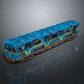 Blue Train Model With Yellow Stripes And Vintage Design On Reflective Surface
