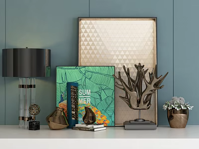 Modern Decorative Ornament Set With Table Lamp Green Summer Book Geometric Frame And Branch Ornament 3d model