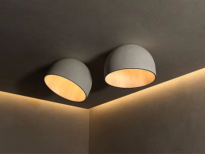 Modern Gray Hemispherical Ceiling Lights with Wooden Panels on Dark Ceiling and Indirect Lighting Design 3d model