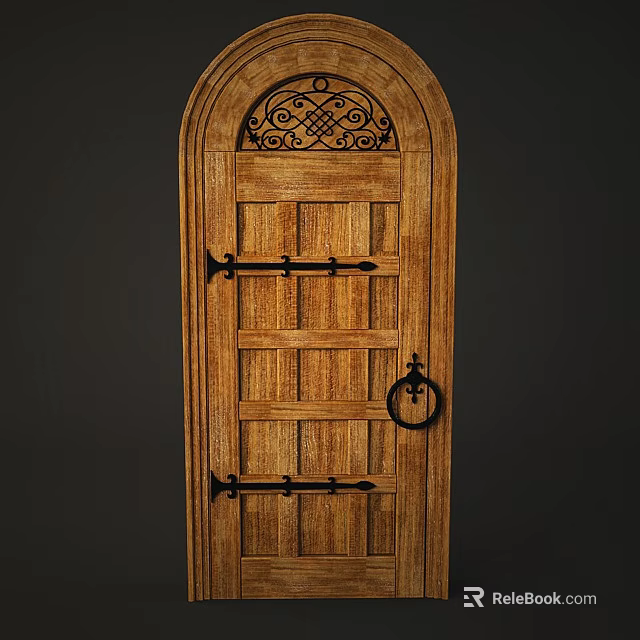 Wooden Swing Door With Arched Top Ornate Ironwork Paneled Design And Metal Handle 3d model 