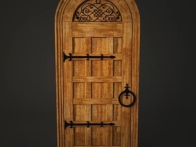 Wooden Swing Door With Arched Top Ornate Ironwork Paneled Design And Metal Handle 3d model
