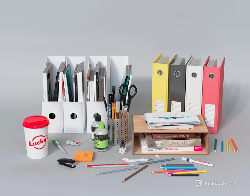 Organized Office Stationery Collection With Colored Binders Pencil Holder Scissors Sticky Notes And Supplies 3d model 