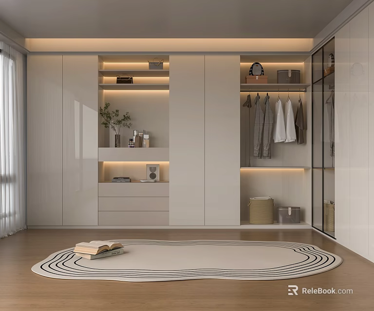 Modern Wardrobe With Hanging Area Open Shelves Drawers And Natural Light 3d model 