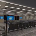Modern Conference Room Interior Design With Rows of Seats Large Screen and Red Curtains