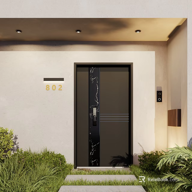 Modern Exterior Entrance With Black Marble Door House Number 802 Light Wall And Green Plants 3d model 