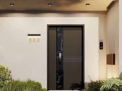 Modern Exterior Entrance With Black Marble Door House Number 802 Light Wall And Green Plants 3d model
