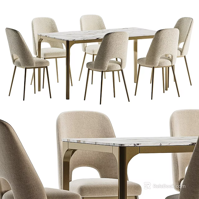 Modern Dining Table And Chairs Set With Marble Top And Metal Legs 3d model 
