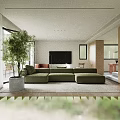 Modern Dining and Living Room Interior With Green Sofa Marble Countertop And Large Windows
