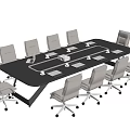 Modern Black Conference Table With Multiple Wheeled White Office Chairs In Office Setting
