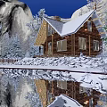 Stunning Snowy Winter Night Landscape With Warm Lit Log Cabin Beside Calm Lake In Forest