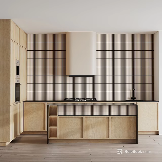Modern Open Kitchen Interior Featuring Wooden Cabinets Island Stove And Tile Backsplash 3d model 