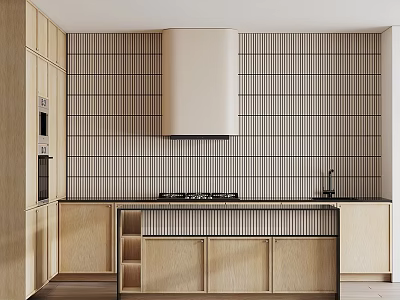 Modern Open Kitchen Interior Featuring Wooden Cabinets Island Stove And Tile Backsplash 3d model