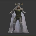 Warrior With Horned Helmet Holding Sword In Silver Armor Green Tunic And Cape