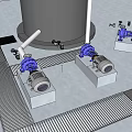 Industrial Blue Pumps Mounted On Metal Platforms With Motors And Pipes