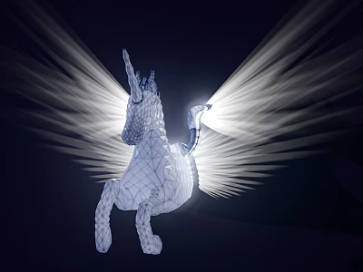 Unique Unicorn Shaped Wall Lamp With Wireframe Design And Radiant Light Rays In Dark Background 3d model